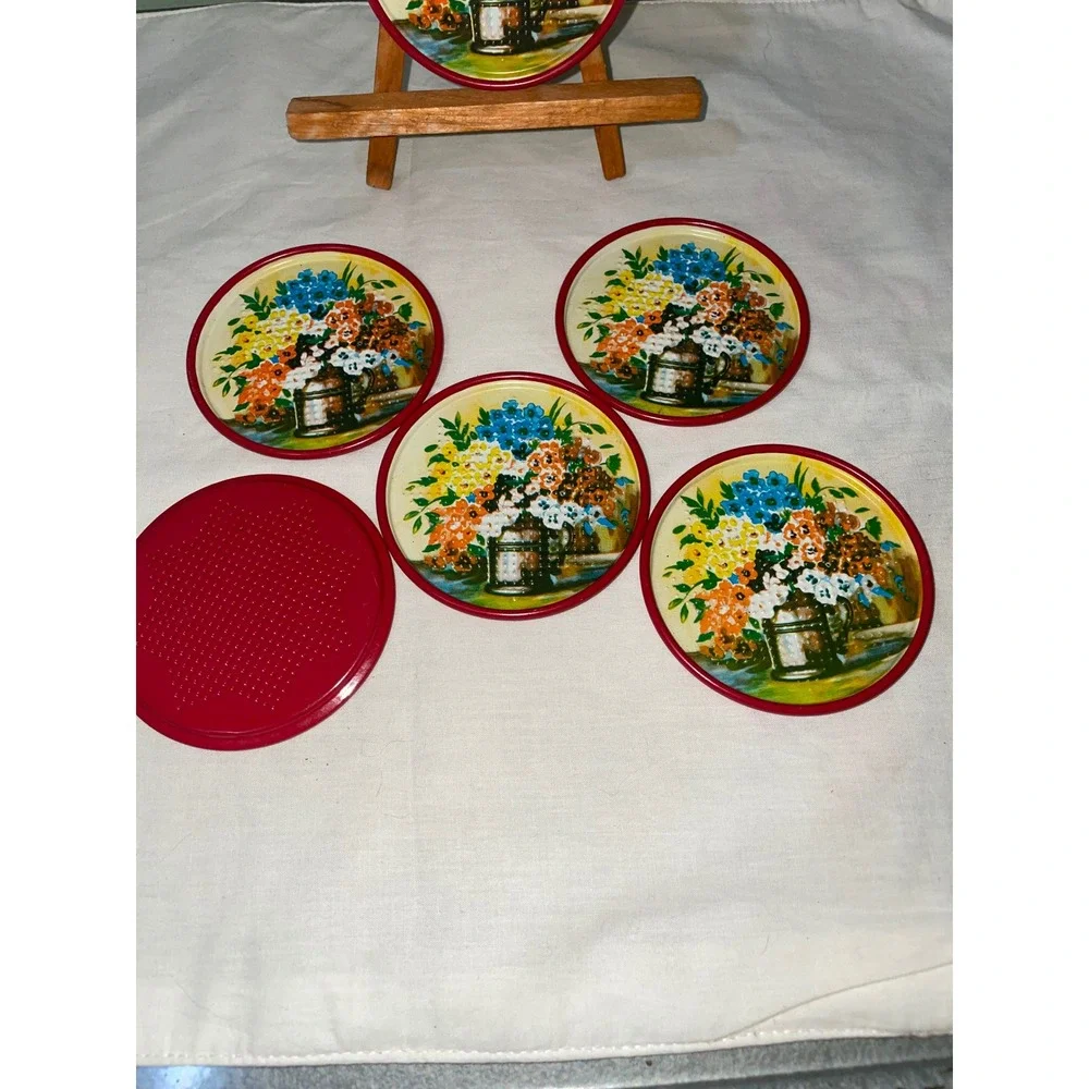 Vintage Metal Floral Coaster Set of 6 Red Rim Retro Mid Century Cottagecore